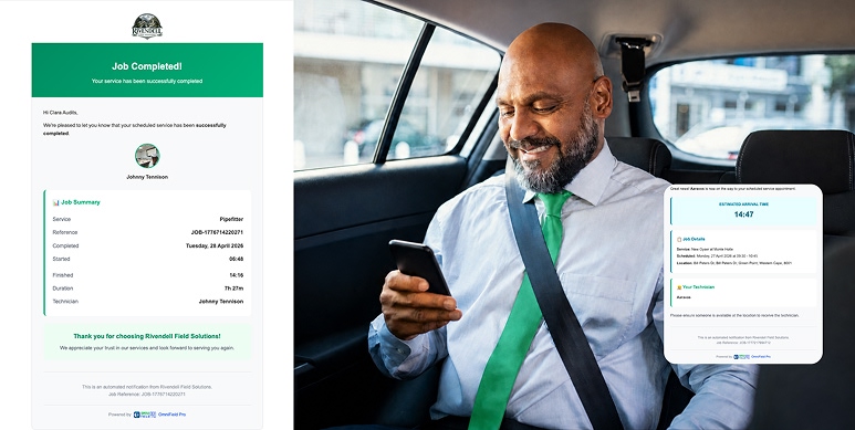 WhatsApp message on mobile phone showing field technician en route notification with ETA for South African customer